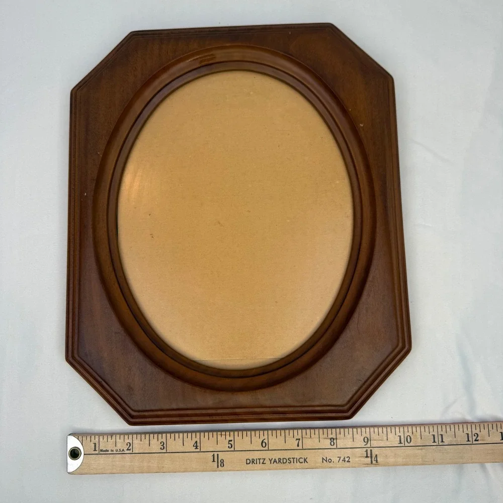Vintage Octagon Wood Picture Frame Oval Opening Brown Wall Decor 9.5x12.5